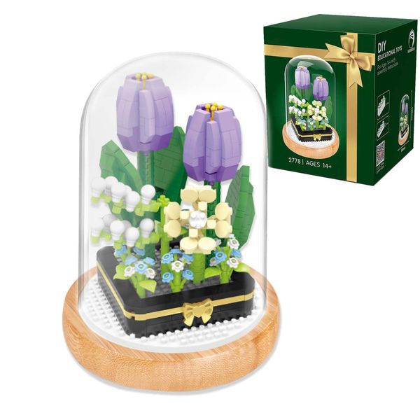 SYMIBRICK Flower Bouquet Building Set, 531PCS Mini Bricks Botanical Collection Building Blocks with Display Case, Artificial Plant Flowers Set for Adults, Birthday for Her (Tulips)