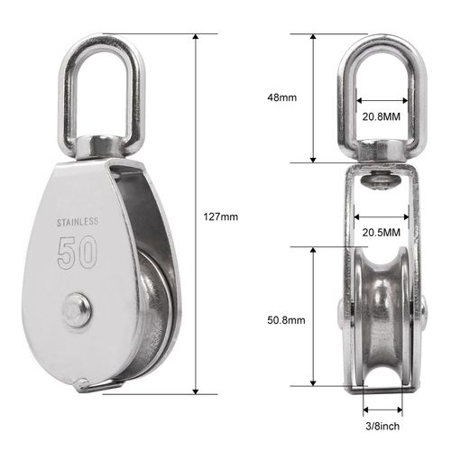 AOKOLL M50 Single Pulley Snatch Block Lifting Crane Heavy Duty Swivel Hook 304 Stainless Steel, 3/8" Rope x 2" Sheave, 800 lbs Load (M50-2PCS)
