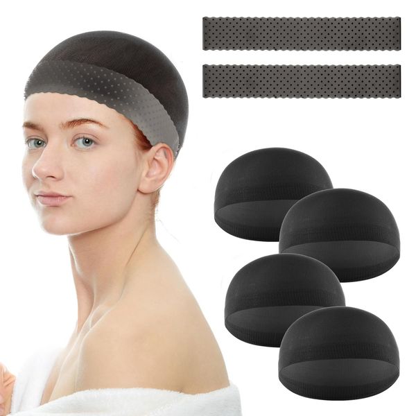 6 Pieces Wig Cap with Non-Slip Grip Band Elastic Silicone Wig Grip Cap for Glueless Lace Front Wigs, No Slip Headbands, Hair Cap for Women, Wig Accessories Kit(Black)