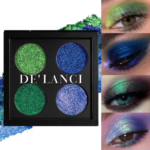 DE'LANCI Multichrome Glitter Eyeshadow Altamente Pigmentato, Ombretto Camaleonte Blu Verde Viola Metallizzato, Glitter Shimmer Make-up Occhi Impermeabile, Senza Crepe, Senza Talco, 4 Colori