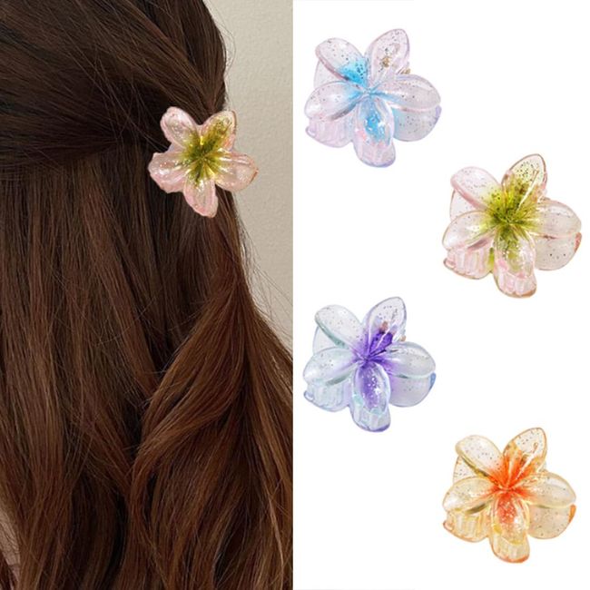 SINLOV 4Pcs Flower Hair Claw Clips Colorful Hawaiian Flower Clip Small Cute Hair Claw Clip for Women Thick Hair