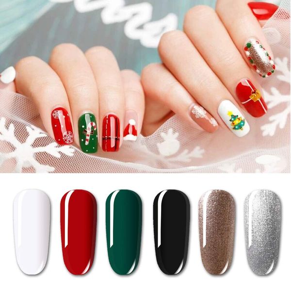 Vishine Christmas Special Edition Series 6 Colors Gel Nail Polish Gift Set (Snow White, Bright Red, Forest Green, Black, Pearl Champagne, Pearl Silver) - Starter Nail Art Kit 8ml