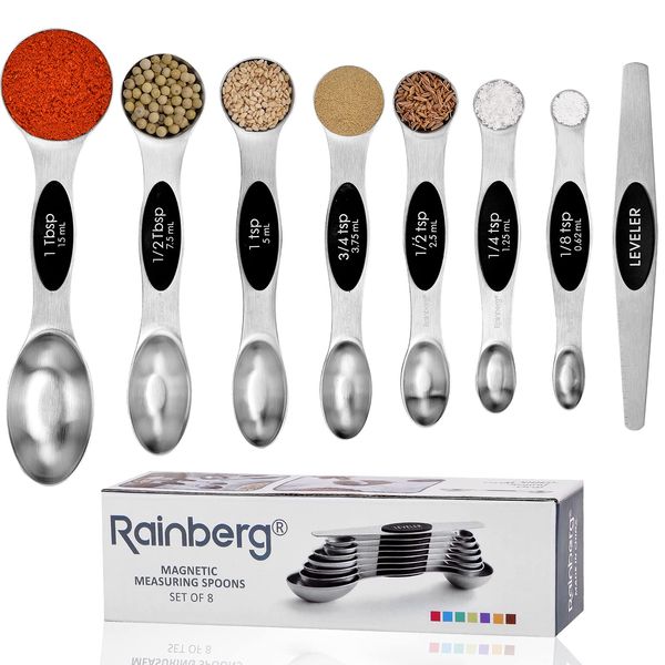 Rainberg Magnetic Measuring Spoon Set of 8 Stainless Steel Metal Measure Cup Spoons for Baking Cooking Kitchen