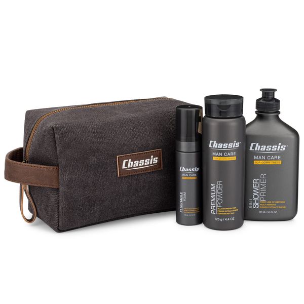 Chassis Gift Set with Flushable Foam, Premium Body Powder, and Shower Primer, Body Powder, Body Wash, and Flushable Wipe Alternative