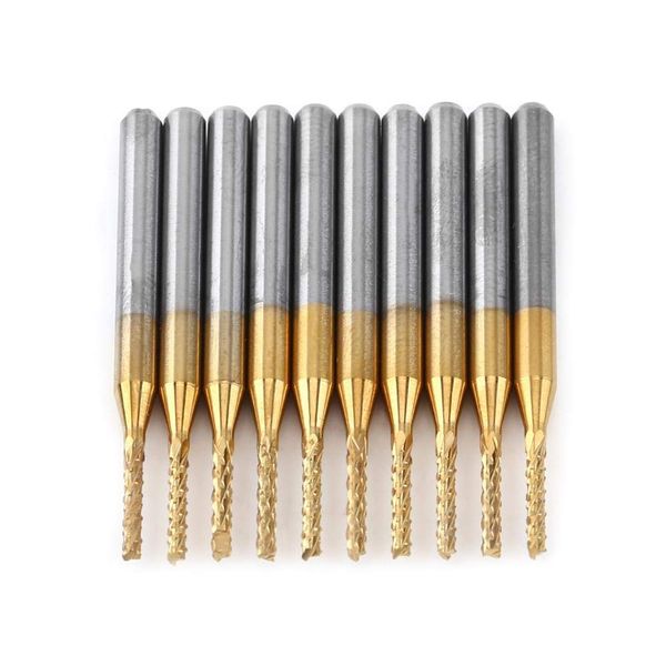 10pcs Carbide End Mill, PCB Engraving Bit, Tungsten Steel, Blade Diameter 0.06 inch (1.5 mm), 1/8 inch, Titanium Coating, CNC Machining, Milling Machining, Lathe, Industrial Supplies