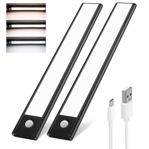 Under Cabinet Lights Wireless,Under Counter Motion Sensor Light Kitchen, 54 LED Rechargeable Night Lighting,3 Color Temperatures Black Closet Light for Bedroom,Wardrobe, Stairs,Cupboard(2 Pack)