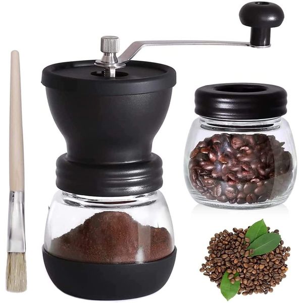 Duffy® Manual Coffee Bean Grinder, Handheld Adjustable Coarseness Ceramic Mill Grinder for Bean Spices with Transparent Storage Jar, Hand-Held Portable Coffee Mill Grinder Machine for Home and Office