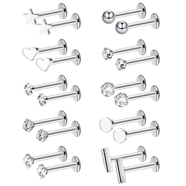 FUYOAL 20 Pieces Stainless Steel Nose Studs, Nose Piercing Jewelry Crystal Ball Silver Labret Tragus Earring Piercing Bars Set Unisex Gift for Women Men