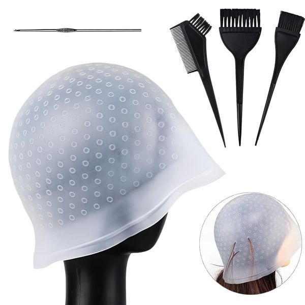 Silicone Highlight Hair Cap with Hole Position, Professional Reusable Hair Coloring Cap with Crochet and Brushes, Salon Hairdressing Dyeing Tools for Women Men