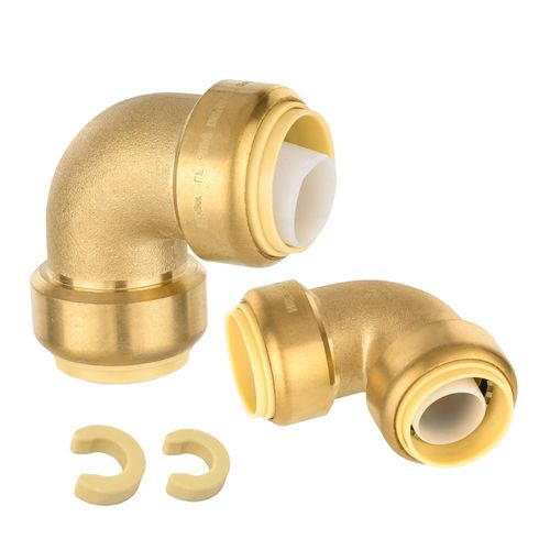 (2 Pack) Foskan 3/4 Inch x 3/4 Inch Brass Elbow, Push-to-Connect Pex, Copper and CPVC Pipes, Push Fit Fittings Includes Removal Clip