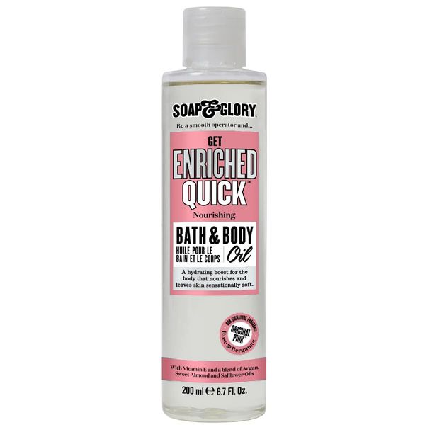 Soap & Glory Original Pink Get Enriched Quick Nourishing Bath & Body Oil - Skin Moisturizer with Argan Oil, Vitamin E, & Almond Oil - Rose & Bergamot Scented Body Oil for Dry Skin (200 ml)