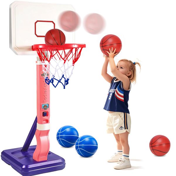 AuntyFey Toddler Basketball Hoop for Boy Girl Age 3 4 5 8, Kids Basketball Hoop Indoor Outdoor, Height Adjustable Basketball Hoop, Swimming Basketball Hoop Poolside, Basketball Pool Hoop Ball(Pink)