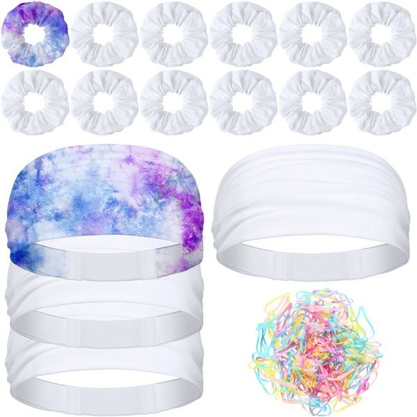 17 Pieces White Scrunchies and Hair Headbands for Tie Dye, Including 12 Pieces Hair Scrunchies, 4 Pieces White Headbands Hair Bands, Small Rubber Bands for Tie Dye for Women and Girls