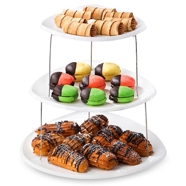 Masirs Collapsible 3-Tier Party Tray: Decorative Design Folds for Minimal Storage. an Elegant Serving Tray for Sandwiches, Cake, Sliced Cheese, and Deli Meat.