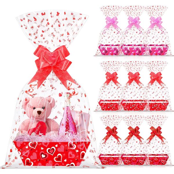 12 Set Valentines Day Empty Gifts Baskets with Cellophane Basket Bags and Bow...