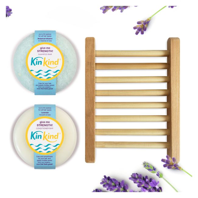 KinKind Give me STRENGTH! Shampoo Bar and Conditioner Bar Starter set with Soap Dish storage rack. Volume for fine & flat hair. Rosemary Oil & Wheatgerm Oil. Up to 50 washes. Vegan. UK made.