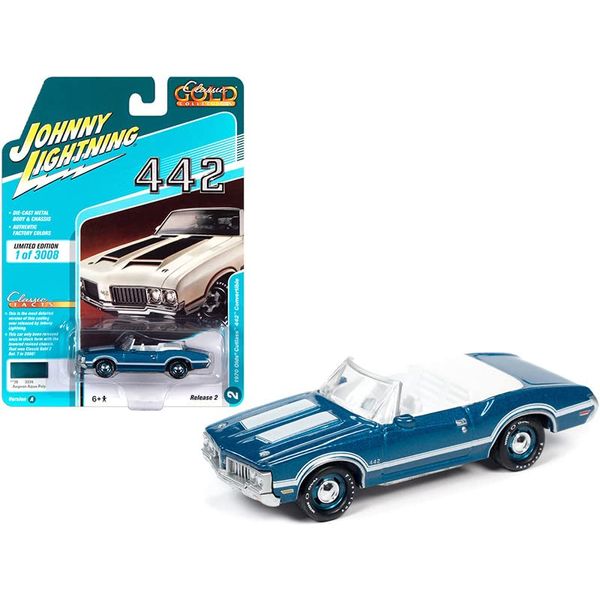 1/64 Johnny Lightning 1970 Oldsmobile Cutlass 442 Convertible Aegean Blue with White Stripes and White Interior Diecast Model Car - JLSP102A