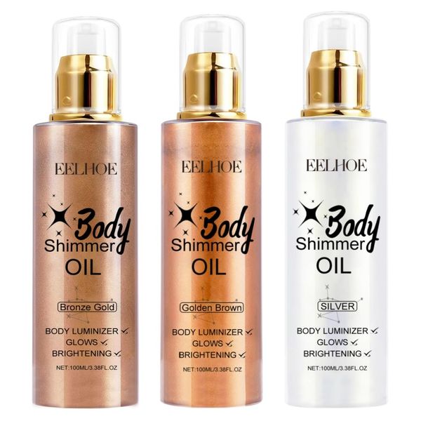 Wintgrea Shimmer Body Oil 3 PCS,Body Glitter Set Long Lasting Hair Luminizer Face Brighten Shimmer Oil,Body Glow Oil，Perfect for Festivals（Golden brown glitter， silver white， gold copper)