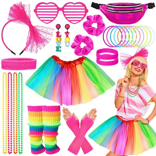 Chennyfun 28 PCS 80s Fancy Dress Costumes Accessories for Women, 1980s Fancy Party Dress Set for Women & Kids with Tutu Skirt Necklaces Bracelets Fishnet Gloves Lace Bow Headband Earrings Sunglasses