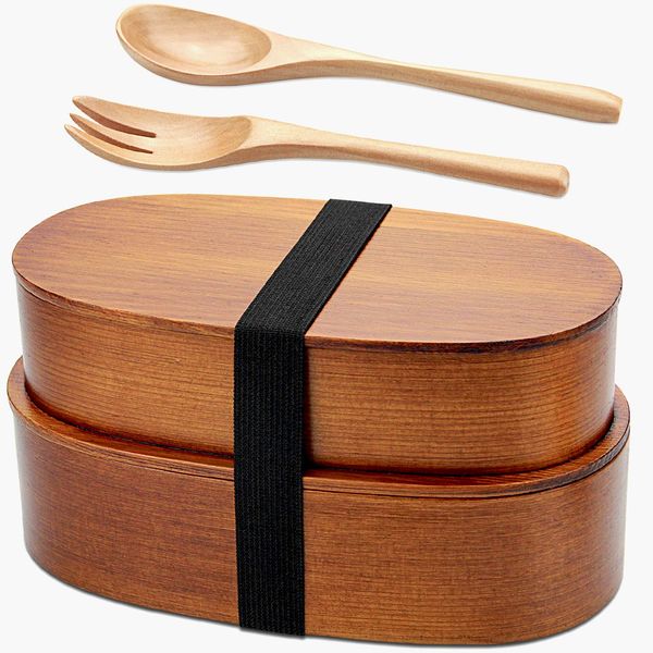 AOOSY Bento Box, 33.8 fl oz (1,000 ml), Oval Two-Tier, Natural Lacquered Curved Wappa, Lunch Box, Lightweight Bean Box, Includes Wooden Spoon and Fork, Commuting to Work or School, Handmade Large