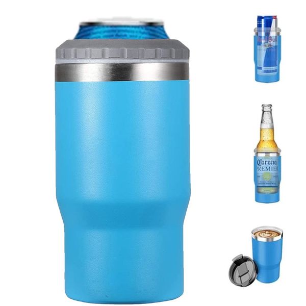 Gteller 4 in 1 Stainless Steel Can/Bottle Insulator, 14oz Two-Way Lids SUS Insulated Can Cooler, Beer Bottle holder (Azure)