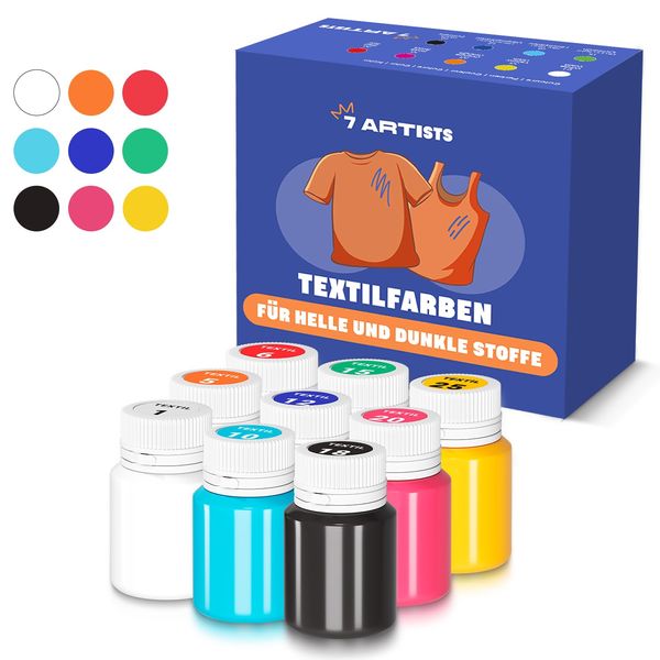 7 Artists Acrylic Fabric Paint - Premium Fabric Paints Permanent for Clothes - Non-Toxic Silk Paint for Children - 9 Fabric & Textile Paints - Fabric Paint for Clothes - Easy Washed Hands