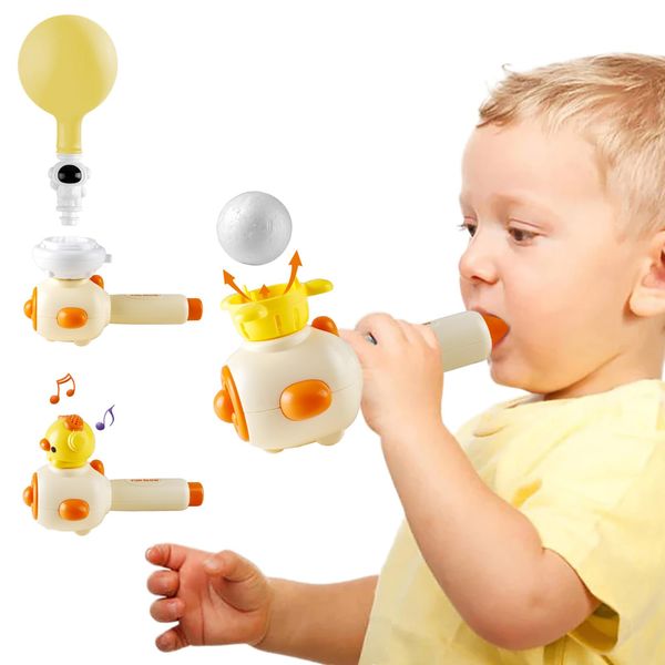 Breathing Exerciser Toys for Kids, 3-IN-1 Montessori Toy for Toddler with Whistle Toy, Ball Blowing Toys and Balloon Release Toy - Sensory Autism Toys Fine Motor Skills Toy for Boys Girls (Yellow)