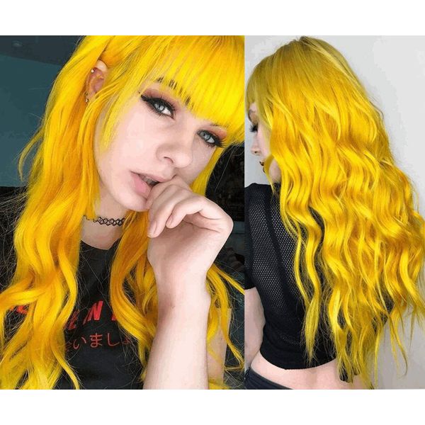 Sallcks Womens Long Curly Wavy Yellow Wigs With Bangs Cosplay Custome Halloween Synthetic Natural Full Wigs with Wig Cap