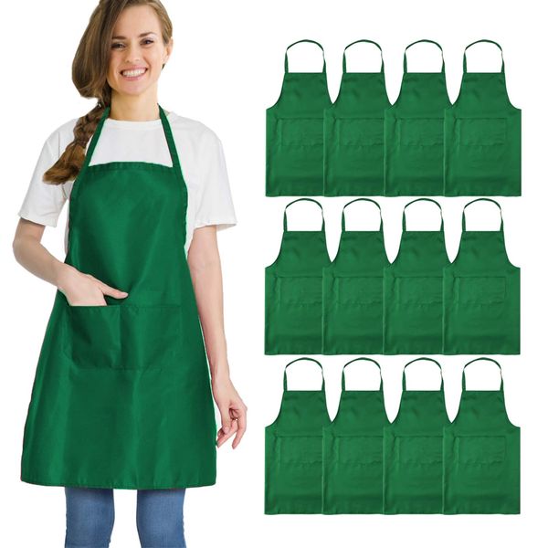 multifuns 12 pcs Green Aprons Bulk Waterdrop Resistant for Women Men Kitchen Cooking Grilling Aprons with 2 Pockets (24x28 inch, Green)…