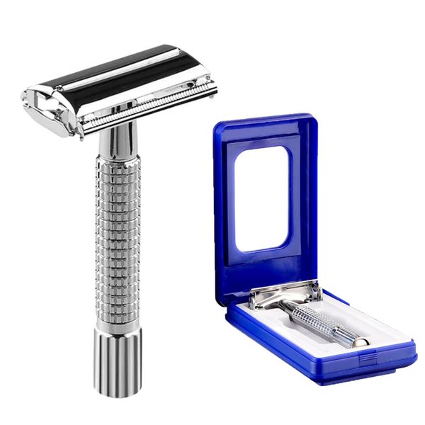 Double Edge Safety Razor, Metal Classic Reusable Zero Waste Manual Rust-proof Butterfly Razor Handle Traditional Stainless DE Wet Shaving Kit with Mirrored Travel Case Gifts for Men, No Blade Included