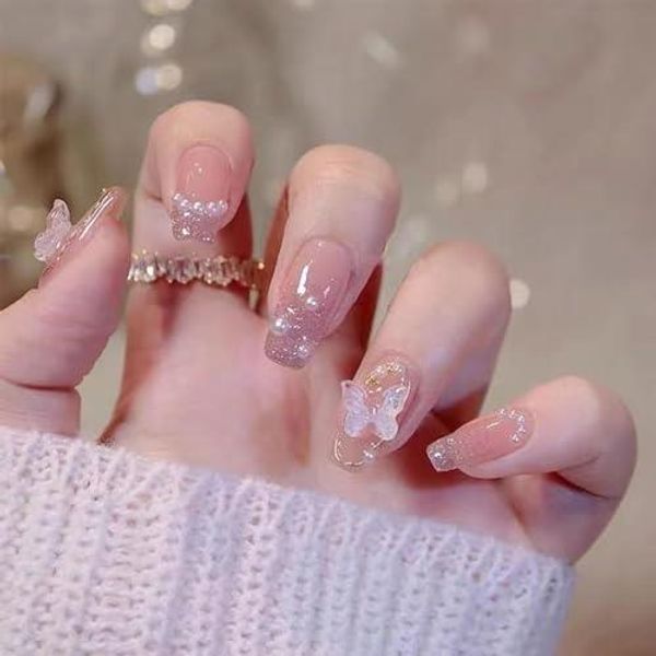 &quot;3D Nail Tips&quot; XUZOO 24 Pieces Nail Tips, False Nails, 3D Nails, Three-dimensional, Short, Long, Cute, Stylish, Popular, Nail Tips, Nail Stickers, False Nails, Nail Tools, Double-sided Tape Included (Butterfly Included)