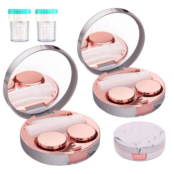 TreaHome 2 Pack Contact Lens Case, Contact Case Travel with Cleaner Washer, Tweezers, Remover Tool Contact Solution Bottle (Rose Gold)