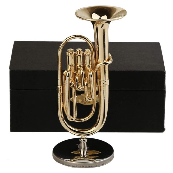 Dselvgvu Copper Miniature Baritone Horn with Stand and Case Mini Musical Instrument Miniature Dollhouse Model Mini Tuba Home Decoration (3.94"x1.42")