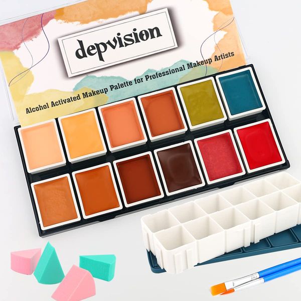 Depvision SFX 12 Color Flesh Tone Alcohol Activated Makeup Palette for Special Effects,Waterproof Skin Tone FX Makeup for Professional Makeup Artists Cosplay Halloween Theatrical Makeup