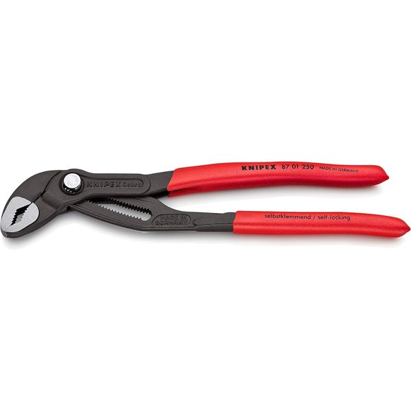 KNIPEX Cobra Water Pump Pliers, 250 mm, Nuts to 46 mm, Pipes to 50 mm, Self-Locking, Fine Adjustment by Button Push, Pipe Wrench, 87 01 250