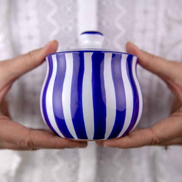 City to Cottage® Navy Blue Striped Handmade Hand Painted Ceramic Sugar Bowl Pot with Lid | Jam Honey Jar