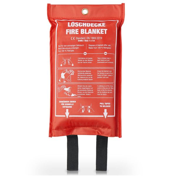 Amazy Fire Blanket (1.2 x 1.2 m) + Soft Case + Escape Way Sticker – Fire Retardant Blanket for Use in the Domestic Kitchen and around the House – Kite marked to BS EN 1869:1997