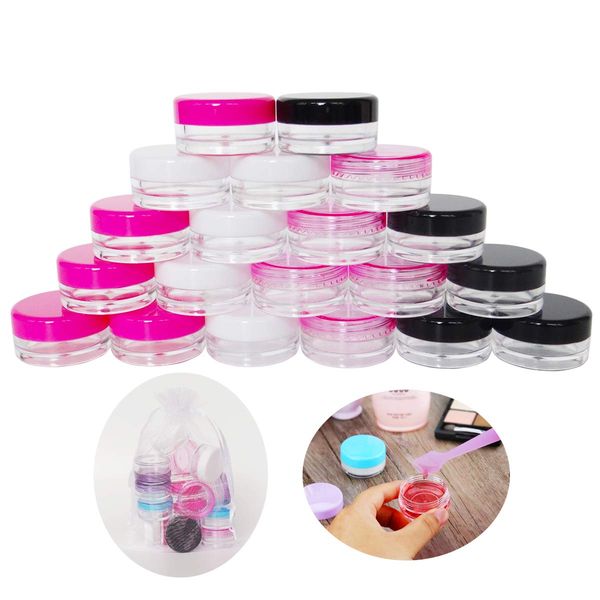 Wopanxye 20pack 3g Empty Sample Jars, 3ml Small Cosmetic Container for Makeup Eyeshadow Nails Oils Lip Balm Scrubs Jewelry Cream, 3 Gram Plastic Clear Pot with Cap Lid (Black/White/Pink/Rose Red)