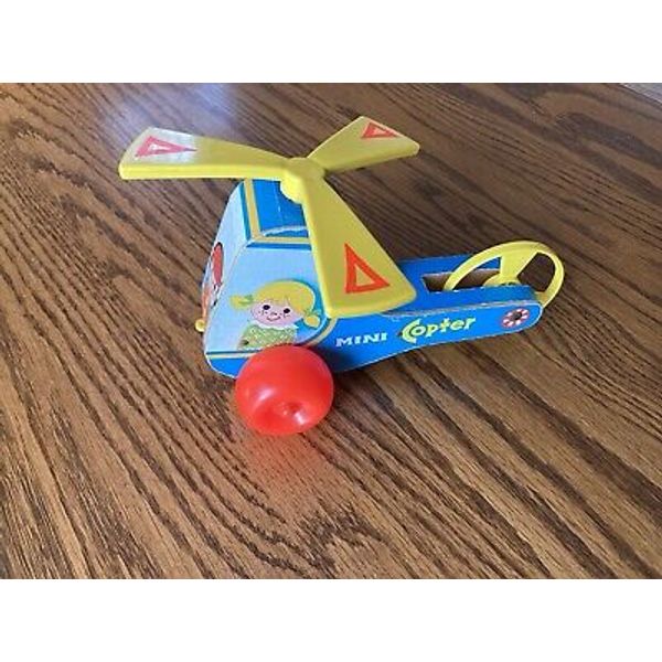 VINTAGE 1970 FISHER PRICE MINI COPTER #448 WOODEN PULL TOY HELICOPTER