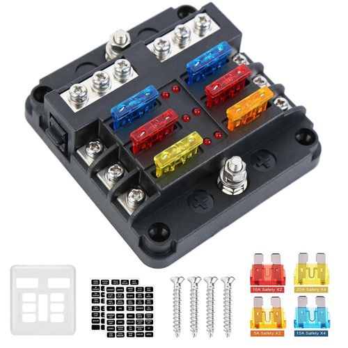 6 Way Fuse Block 12V Marine Fuse Panel Box with Led Indicator Waterpoof Cover 6 Circuits Fuses Holder Kit for Car Boat RVs Buses Truck