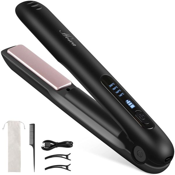 Hair Iron, Cordless Hair Iron, USB Rechargeable, Straightening Iron, Mini Curling Iron, Wireless, Portable Hair Iron, 4 Temperature Settings, Bangs, Unisex, Portable, Lightweight, Travel (Black)