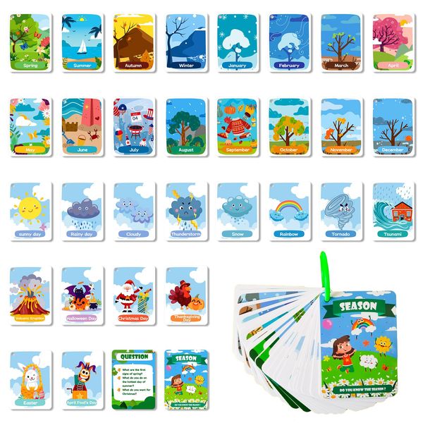 34 Season Flashcards for Kids,Waterproof Month Education Flash Cards, Children's Weather Educational Card, Double-Sided Festivals Toy Cards for Toddles