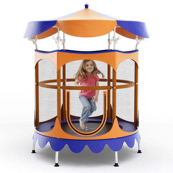 64'' Kids Trampoline w/ Detachable Canopy Safety Enclosure Net Foam Handle