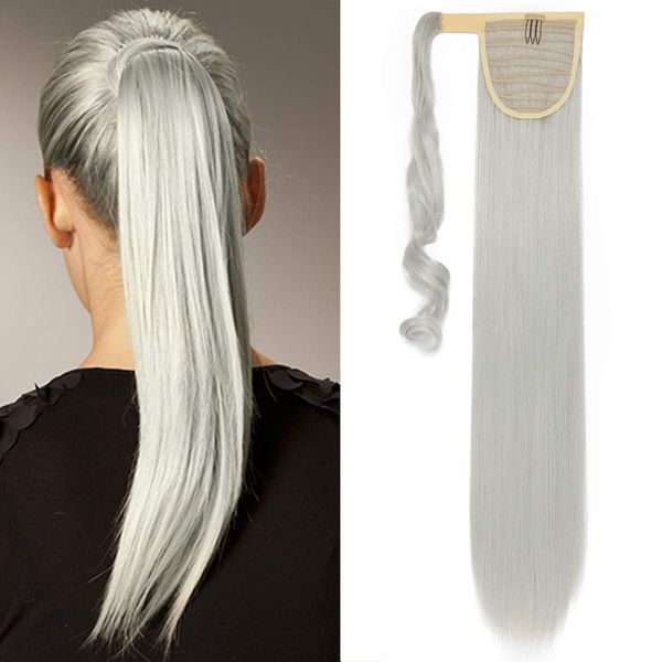 [26 Inch, Silver Grey] Ponytail Hair Extensions Clip In Straight Silky One Piece Wrap Around Ponytail Hairpiece For Women Beauty