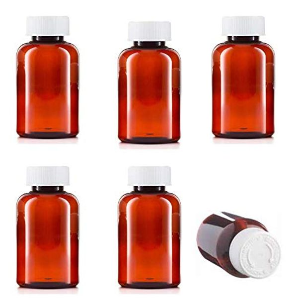 200ml Pill pots with lids, Empty Plastic Medicine Amber Bottles, Pill Storage containers with Screw Child Safe caps, Very Strong Medicine Storage Bottles (6)