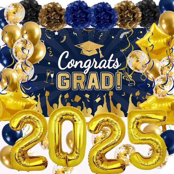 Graduation Decorations Class of 2025, Navy Blue Gold Graduation Decor Set with C