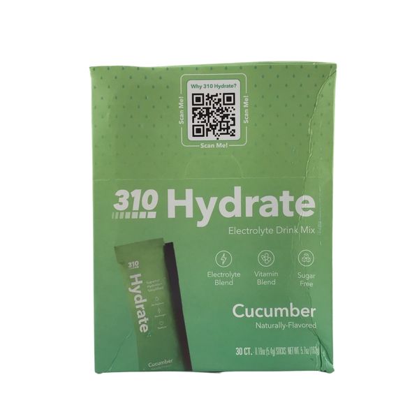 310 Nutrition Hydrates Electrolyte Drink Mix Natural Cucumber 30 Sticks Exp 5/25