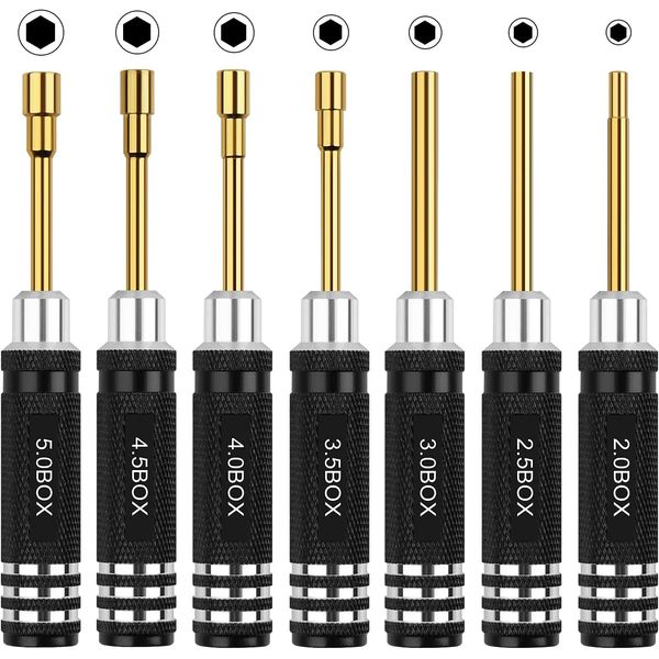 RC Tools Kit 7PCS Hex Nut Screwdriver Set with 5.0/4.5/4.0/3.5/3.0/2.5/2.0 Box Hobby Tools Hexagon Nut Wrench Repair Tools Compatible with SCX24 Traxxas Redcat RC Cars