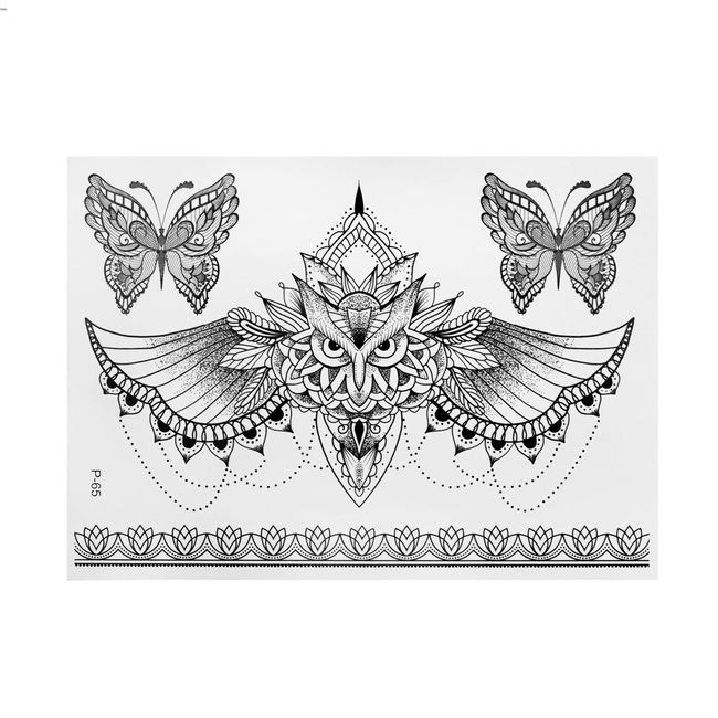 1 x XL Eulen Tattoo - Underboob, Schmetterling, Lotus - Temporary Haut Tattoo - P65 (1)