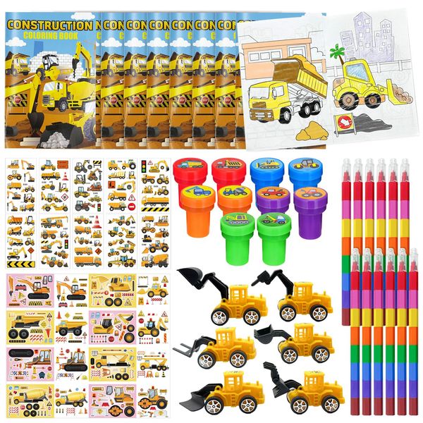 72 Pcs Construction Coloring Book with Crayons Bulk，Truck Car Party Favors Goodie Bags Fillers,Tractor Birthday Party Supplies Face Stickers Tattoo Prizes Gift for Engineering Vehicle